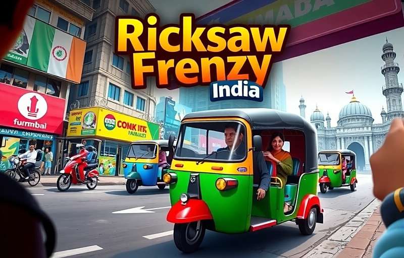 Rickshaw Frenzy India Official Cover Rickshaw Frenzy India game cover showing colorful auto rickshaw in Mumbai street with Indian landmarks