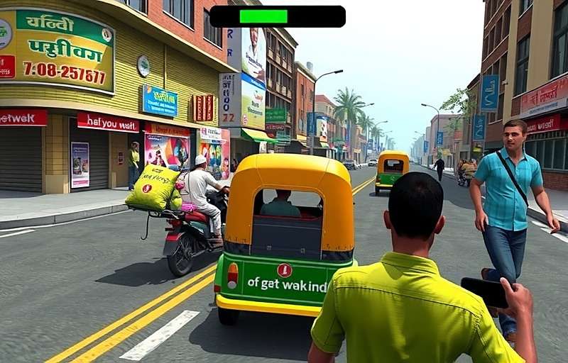 Rickshaw Frenzy India Gameplay in Delhi Rickshaw Frenzy India gameplay screenshot showing auto rickshaw navigating through crowded Delhi street with street vendors and pedestrians