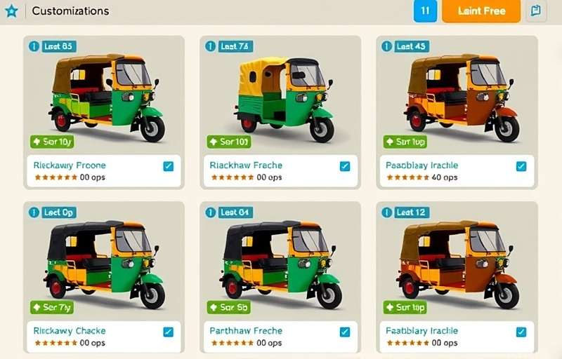 Rickshaw Frenzy India Rickshaw Customization Rickshaw Frenzy India customization screen showing various rickshaw upgrades and paint options